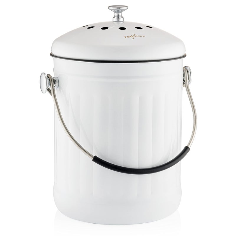 RED FACTOR Premium Compost Bin for Kitchen Countertop - Stainless Steel Food Waste Bucket with Innovative Dual Filter Technology - Includes Spare Filters (White, 1.3 Gallon) - Image 1